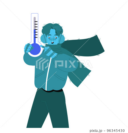 Freezing from Cold Man Character in Scarf Showing Thermometer with Low Temperature Vector Illustration 96345430