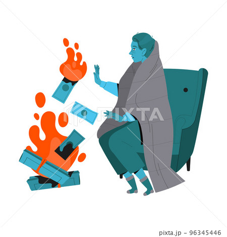 Freezing from Cold Man Character Wrapped in Blanket Sitting in Armchair Warming Near Burning Fire Flame Vector Illustration Freezing from Cold Man Character Wrapped in Blanket Sitting in Armchair Warming Near Burning Fire Flame Vector Illustration 96345446