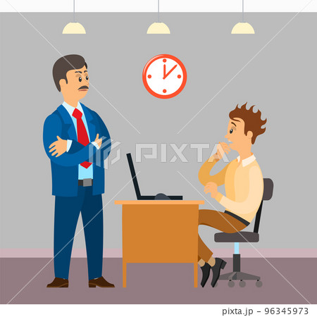 Man works at computer in office to finish task in time. Boss urges employee to complete assignments Man works at computer in office to finish task in time. Boss urges employee to complete assignments 96345973