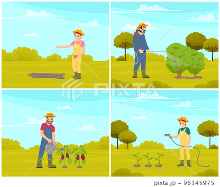 Man gardener watering plants vegetables, female farmer sowing seeds, seasonal farm work scenes set Man gardener watering plants vegetables, female farmer sowing seeds, seasonal farm work scenes set 96345975