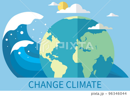 Climate and environmental change on planet Earth. Globe surrounded by clouds, sun and wave 96346044