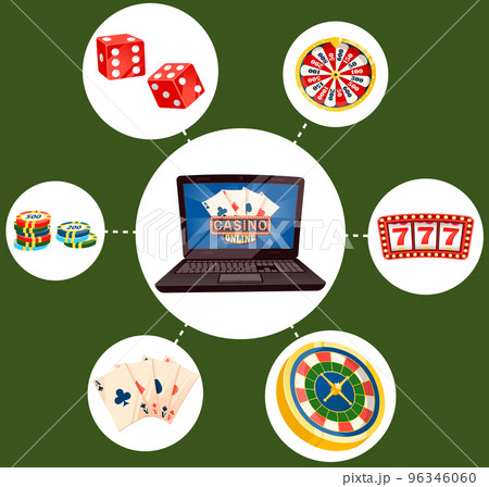 Online casino vector poster with laptop and set of flat icons. Poker gambling casino, cards and dice 96346060