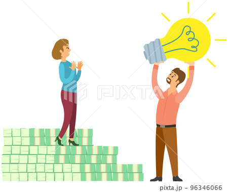 Man shows light bulb to girl as symbol of new idea. Businesswoman standing on stairs made of bills Man shows light bulb to girl as symbol of new idea. Businesswoman standing on stairs made of bills 96346066