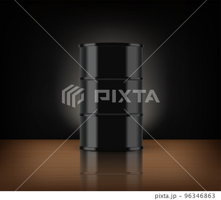 Black oil barrel with reflection on a table. 3d vector mockup Black oil barrel with reflection on a table. 3d vector mockup 96346863
