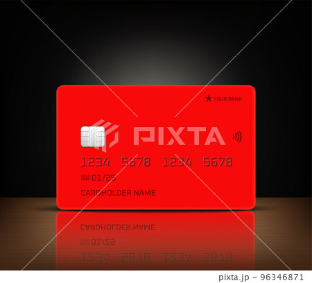 Red banking card with reflection on a table. 3d vector mockup 96346871