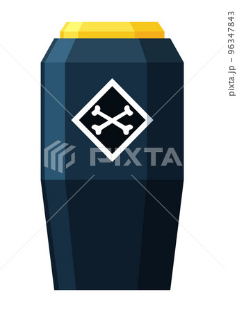 Toxic chemical barrel. Steel tank with dangerous waste. Container with cross bones icon in flat style. Dangerous substance. Storage of components 96347843