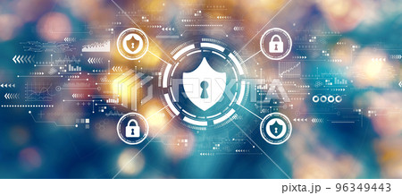 Cyber security theme with blurred city at night Cyber security theme with blurred city at night 96349443
