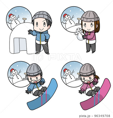 雪遊びをする男女のおとな4パターン・アイコンあり 96349708