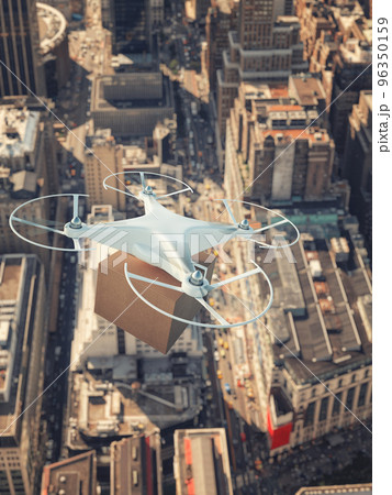 UAV drone flying over the city to deliver a shipment 96350159