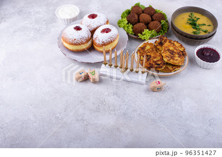 Traditional Jewish holiday Hanukkah food. Traditional Jewish holiday Hanukkah food. 96351427