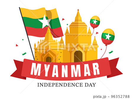 Celebrating Myanmar Independence Day on January 4th with Flags in Flat Cartoon Background Hand Drawn Templates Illustration 96352788
