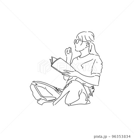 お洒落なカフェで読書をしているロングヘアのメガネ女子のシンプルイラストのイラスト素材