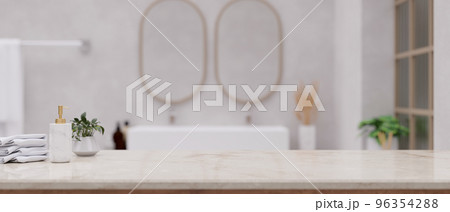 Bathroom white marble countertop with copy space over blurred luxury bathroom with double sink 96354288