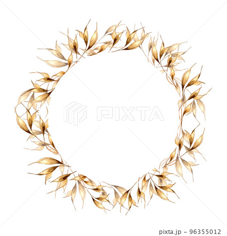 Circle frame of spikelet of rye watercolor illustration isolated on white. 96355012