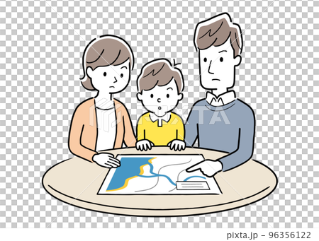 Vector illustration material: Family checking the evacuation place in the event of a disaster with a hazard map 96356122