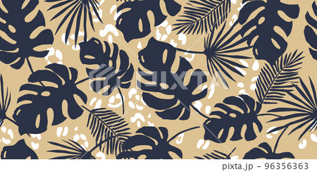 Tropical leaves seamless pattern. Leopard spots. Botanical background. Sun-scorched leaves. Vector pattern for printing on fabric and paper.  Tropical leaves seamless pattern. Leopard spots. Botanical background. Sun-scorched leaves. Vector pattern for printing on fabric and paper.  96356363