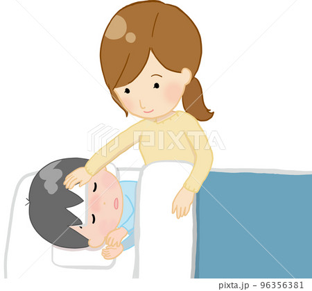 熱が出た子どもを看病するママ 96356381