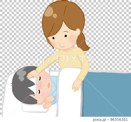 熱が出た子どもを看病するママ 96356381