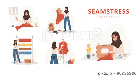 Sewing concept. Islamic woman seamstress sews, cuts, takes measurements and streams clothes. Fashion designer or dressmaker. Vector illustration in flat cartoon style. Hobby concept 96356986