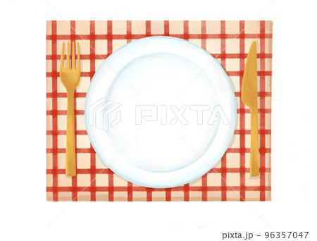 色鉛筆 水彩 手描き風 食器とランチョンマットのイラストのイラスト素材