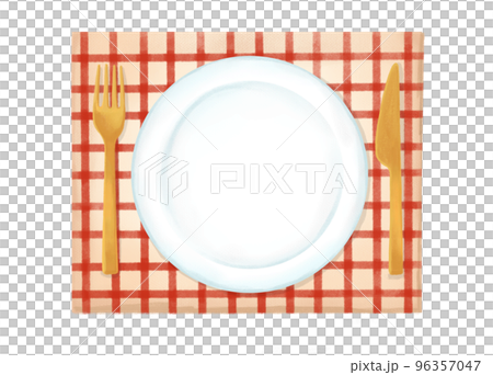 色鉛筆 水彩 手描き風 食器とランチョンマットのイラスト 色鉛筆 水彩 手描き風 食器とランチョンマットのイラスト 96357047