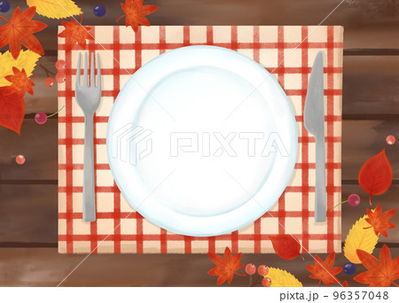 色鉛筆 水彩 手描き風 食器と天然木テーブル秋の食卓イラスト 色鉛筆 水彩 手描き風 食器と天然木テーブル秋の食卓イラスト 96357048