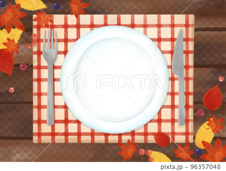 色鉛筆 水彩 手描き風 食器と天然木テーブル秋の食卓イラスト 色鉛筆 水彩 手描き風 食器と天然木テーブル秋の食卓イラスト 96357048