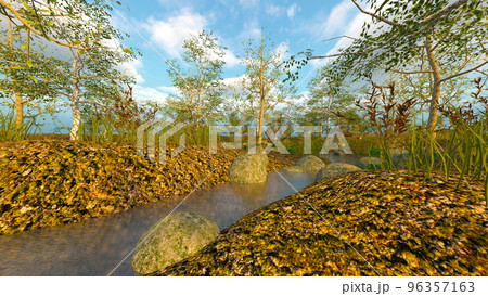 小川の流れる森林 96357163