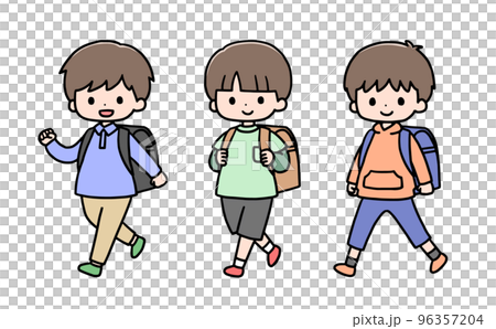 三個男孩背著五顏六色的書包走路 三個男孩背著五顏六色的書包走路 96357204