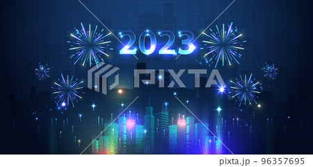 2023 happy new year city and fireworks in the sky above background. vecter design. 96357695