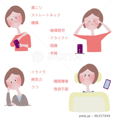 スマホ依存症の様々な症状を若い女性で描いたイラスト四枚 スマホ依存症の様々な症状を若い女性で描いたイラスト四枚 96357949