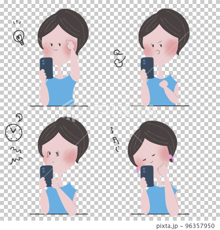 一組四幅插圖,描繪了一位通過操作智能手機表達各種情緒的年輕女性 一組四幅插圖,描繪了一位通過操作智能手機表達各種情緒的年輕女性 96357950