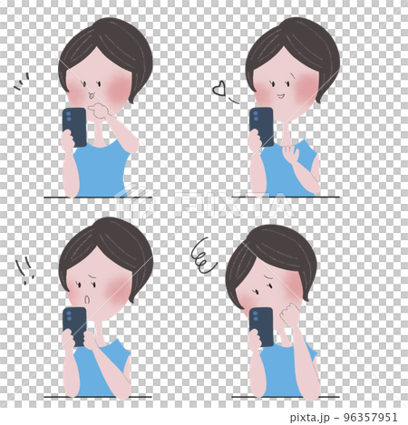 一組四幅插圖,描繪了一位通過操作智能手機表達各種情緒的年輕女性 一組四幅插圖,描繪了一位通過操作智能手機表達各種情緒的年輕女性 96357951