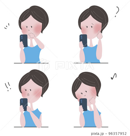 スマートフォンを操作して色々な感情表現をする若い女性の四枚のイラストセット 96357952