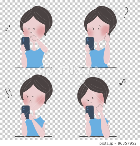 スマートフォンを操作して色々な感情表現をする若い女性の四枚のイラストセット 96357952