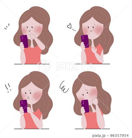 スマートフォンを操作して色々な感情表現をする若い女性の四枚のイラストセット 96357954