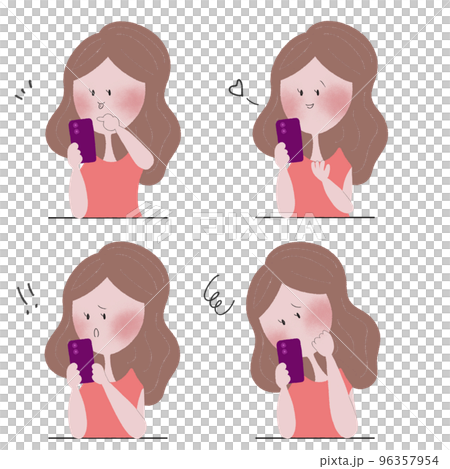 スマートフォンを操作して色々な感情表現をする若い女性の四枚のイラストセット 96357954