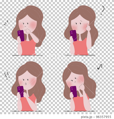 A set of four illustrations of a young woman who expresses various emotions by operating a smartphone 96357955
