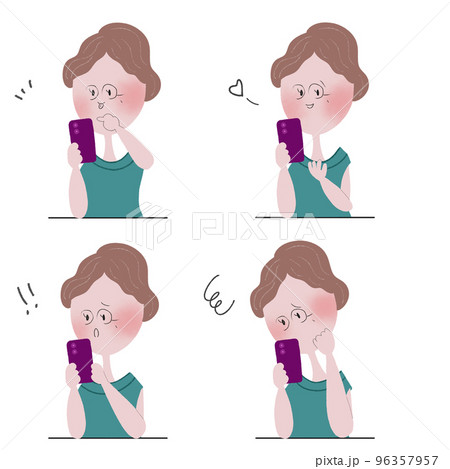 スマートフォンを操作して色々な感情表現をする年配の女性の四枚のイラストセット 96357957