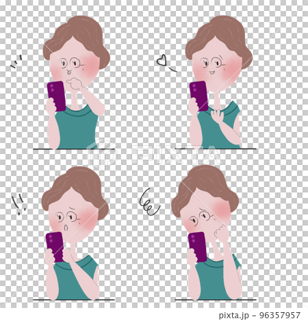 スマートフォンを操作して色々な感情表現をする年配の女性の四枚のイラストセット 96357957