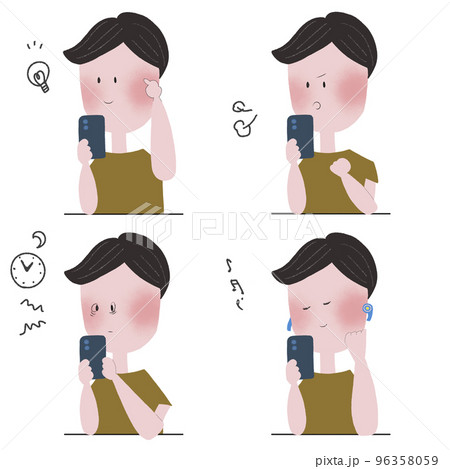 スマートフォンを操作して色々な感情表現をする若い男性の四枚のイラストセット スマートフォンを操作して色々な感情表現をする若い男性の四枚のイラストセット 96358059