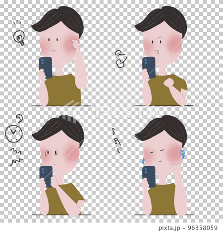 スマートフォンを操作して色々な感情表現をする若い男性の四枚のイラストセット スマートフォンを操作して色々な感情表現をする若い男性の四枚のイラストセット 96358059