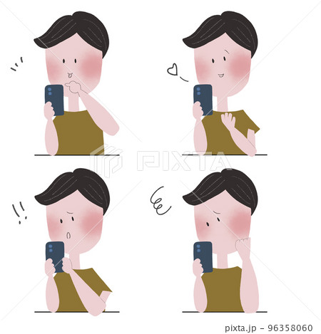 スマートフォンを操作して色々な感情表現をする若い男性の四枚のイラストセット スマートフォンを操作して色々な感情表現をする若い男性の四枚のイラストセット 96358060