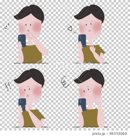 スマートフォンを操作して色々な感情表現をする若い男性の四枚のイラストセット スマートフォンを操作して色々な感情表現をする若い男性の四枚のイラストセット 96358060
