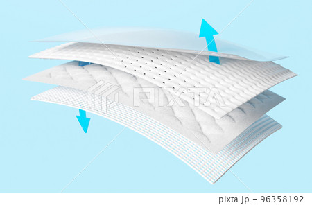 3d absorbent pad, synthetic fiber hair with arrow ventilate shows isolated on blue background. support cooling, transparent film baby diaper adult concept, 3d render illustration, clipping path 3d absorbent pad, synthetic fiber hair with arrow ventilate shows isolated on blue background. support cooling, transparent film baby diaper adult concept, 3d render illustration, clipping path 96358192