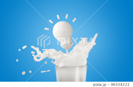 3d milk or yogurt ripple splash in the glass with light bulb isolated on blue background. idea tip concept, 3d render illustration, include clipping path 3d milk or yogurt ripple splash in the glass with light bulb isolated on blue background. idea tip concept, 3d render illustration, include clipping path 96358222