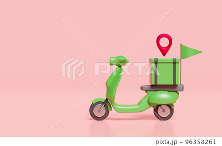 3d delivery green scooter and food box with pin, flag isolated on pink background. express food delivery service concept, 3d render illustration 3d delivery green scooter and food box with pin, flag isolated on pink background. express food delivery service concept, 3d render illustration 96358261