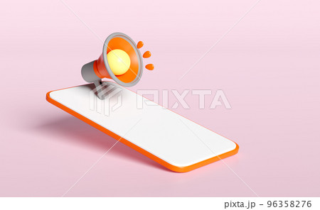 3d mobile phone, orange smartphone with megaphone, hand speaker isolated on pink background. promotion news for social media networks, online marketing shopping concept, 3d render illustration 96358276