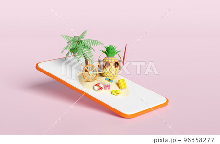3d mobile phone, orange smartphone with pineapple, helm, palm tree, suitcase, duck, sandals, sunglasses, headphones isolated on pink background. summer travel vacation concept, 3d render illustration 3d mobile phone, orange smartphone with pineapple, helm, palm tree, suitcase, duck, sandals, sunglasses, headphones isolated on pink background. summer travel vacation concept, 3d render illustration 96358277