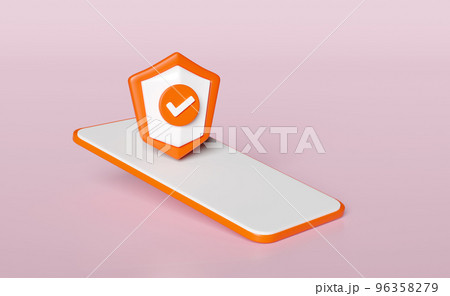 3d orange mobile phone or smartphone with shield check isolated on pink background. Internet security, privacy protection, ransomware protect, screen template, mockup concept, 3d render illustration 96358279